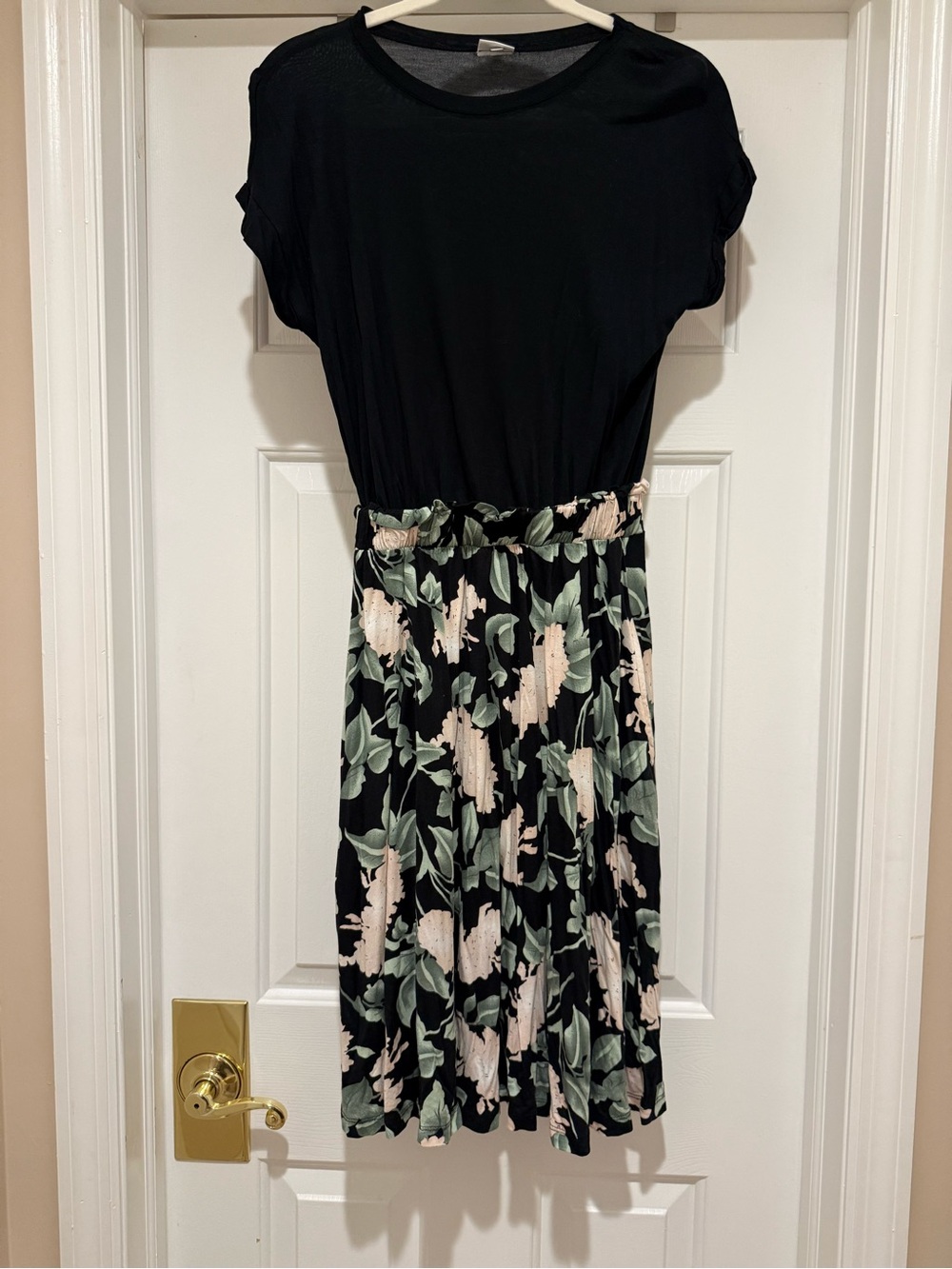 Black Top Floral Midi Dress with Sage Leaves and Blush Blooms